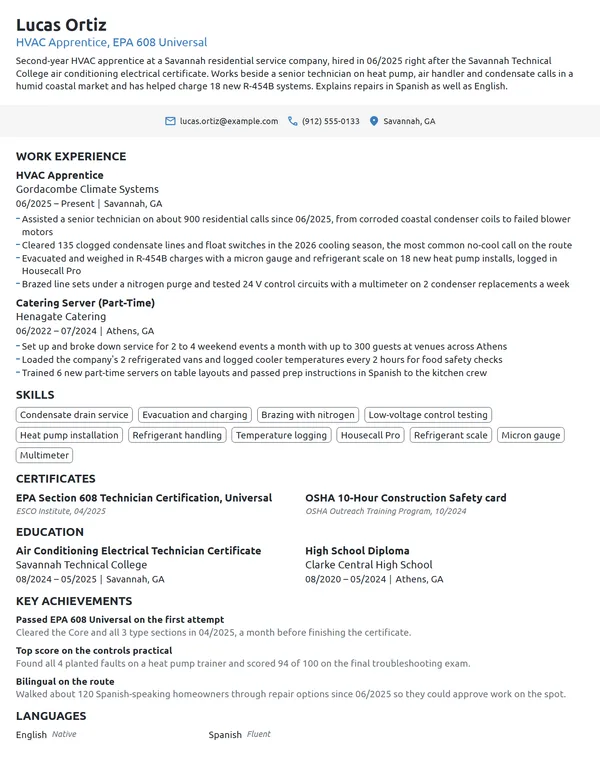 HVAC Apprentice resume example
