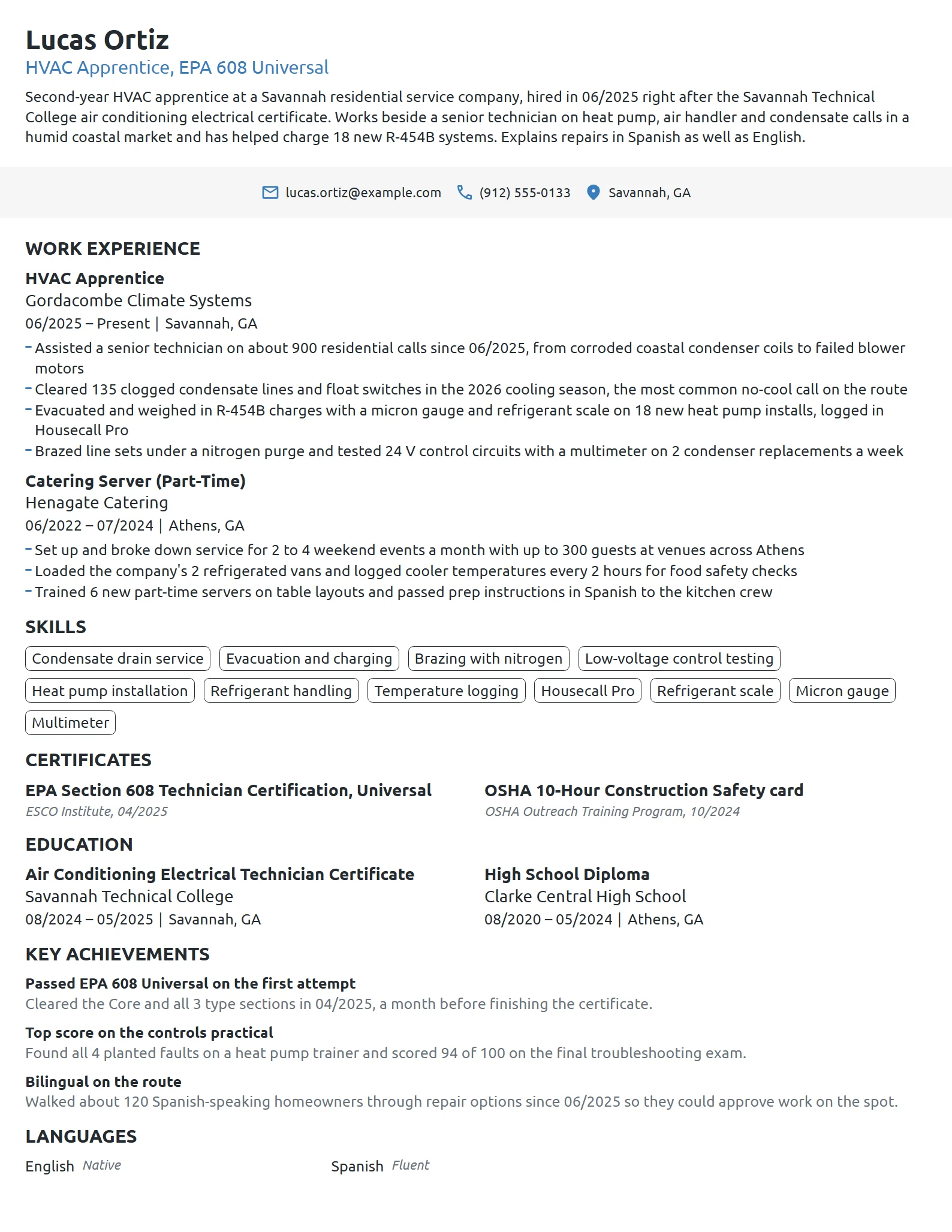 HVAC Apprentice resume example
