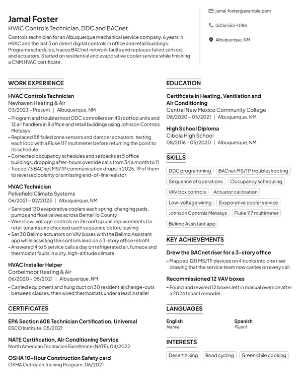 HVAC Controls Technician resume example