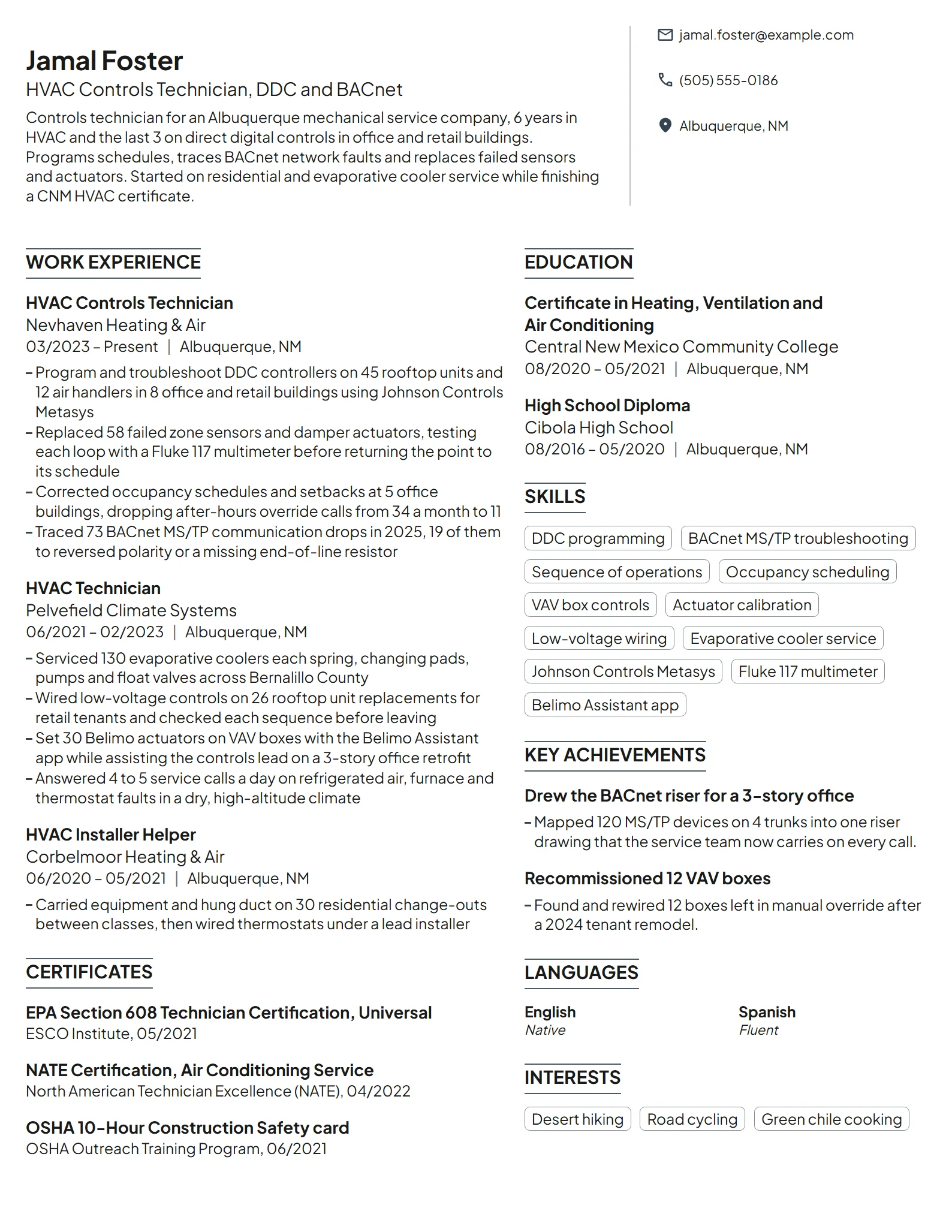 HVAC Controls Technician resume example