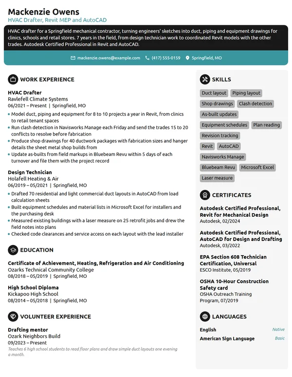 HVAC Drafter resume example