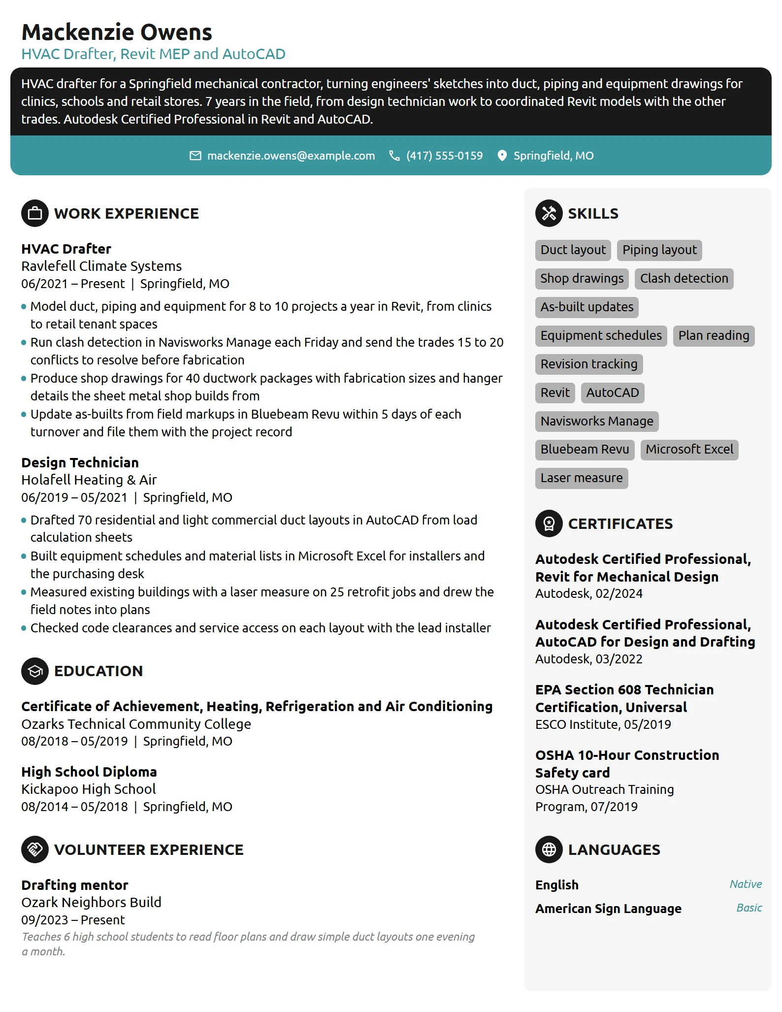 HVAC Drafter resume example