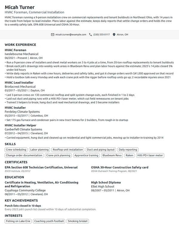 HVAC Foreman resume example