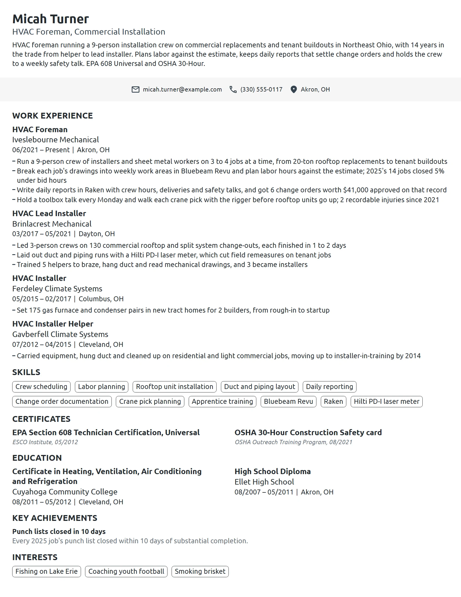 HVAC Foreman resume example