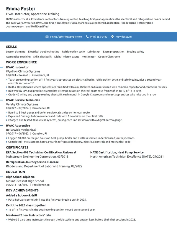 HVAC Instructor resume example