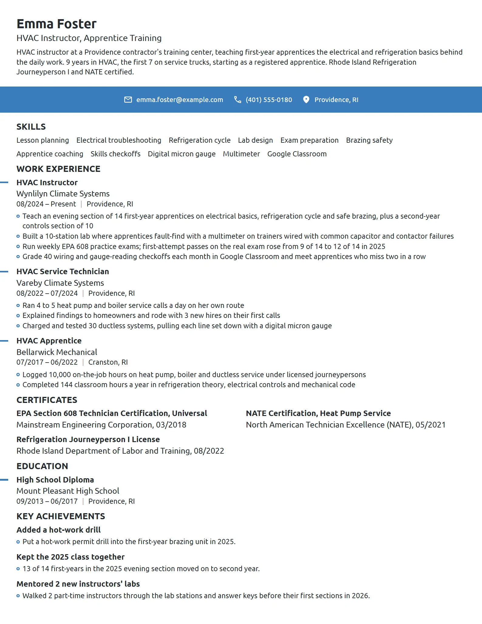 HVAC Instructor resume example