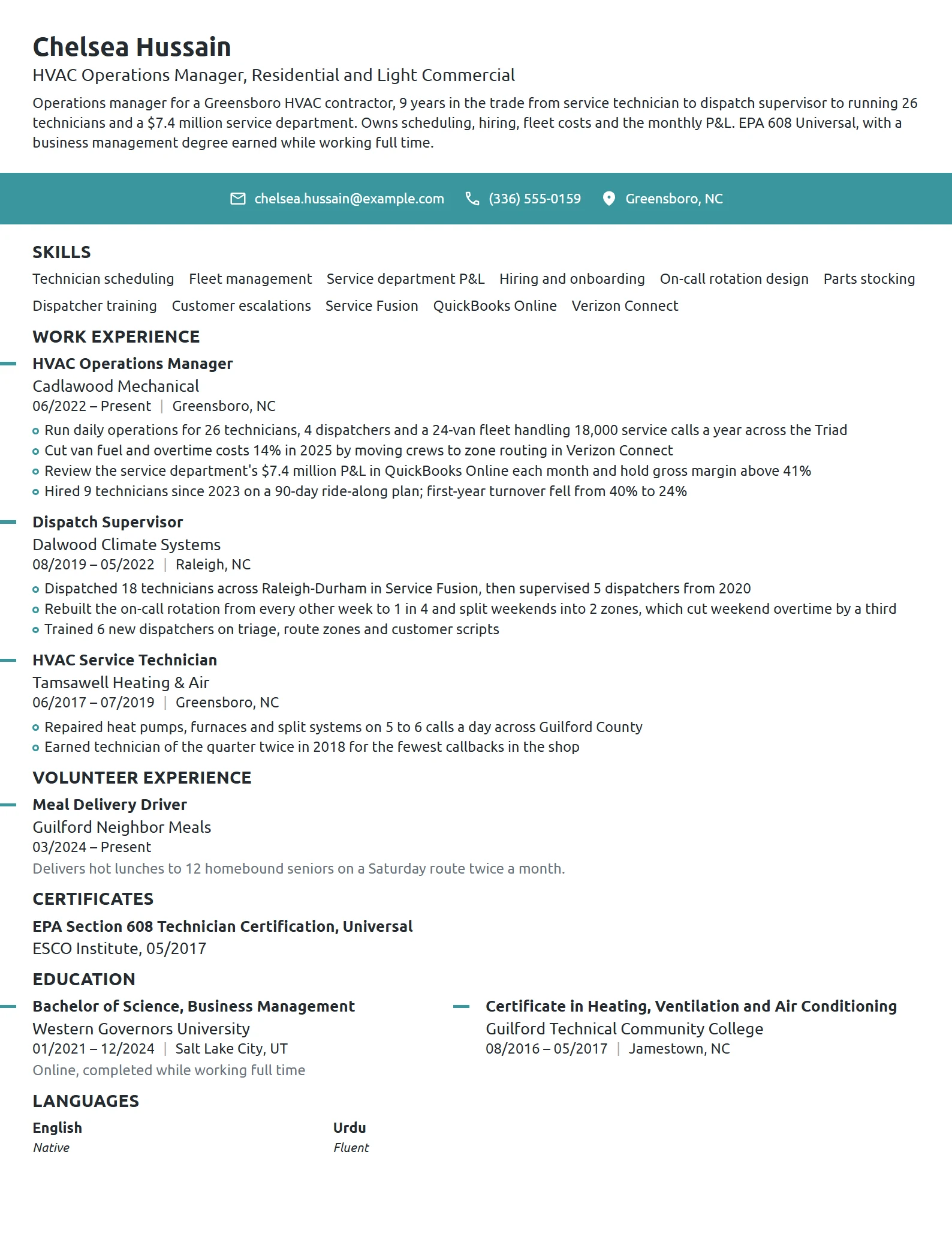 HVAC Operations Manager resume example