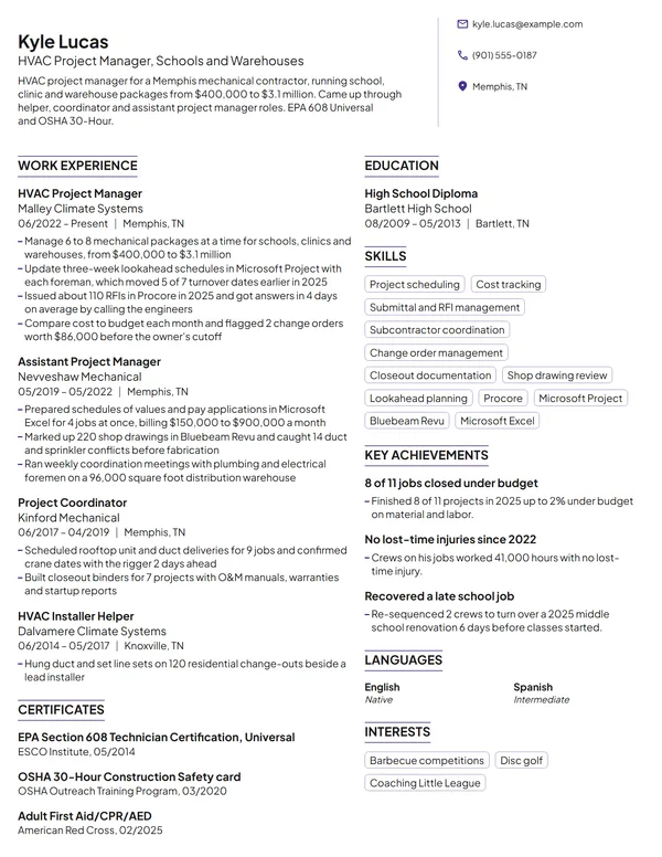 HVAC Project Manager resume example