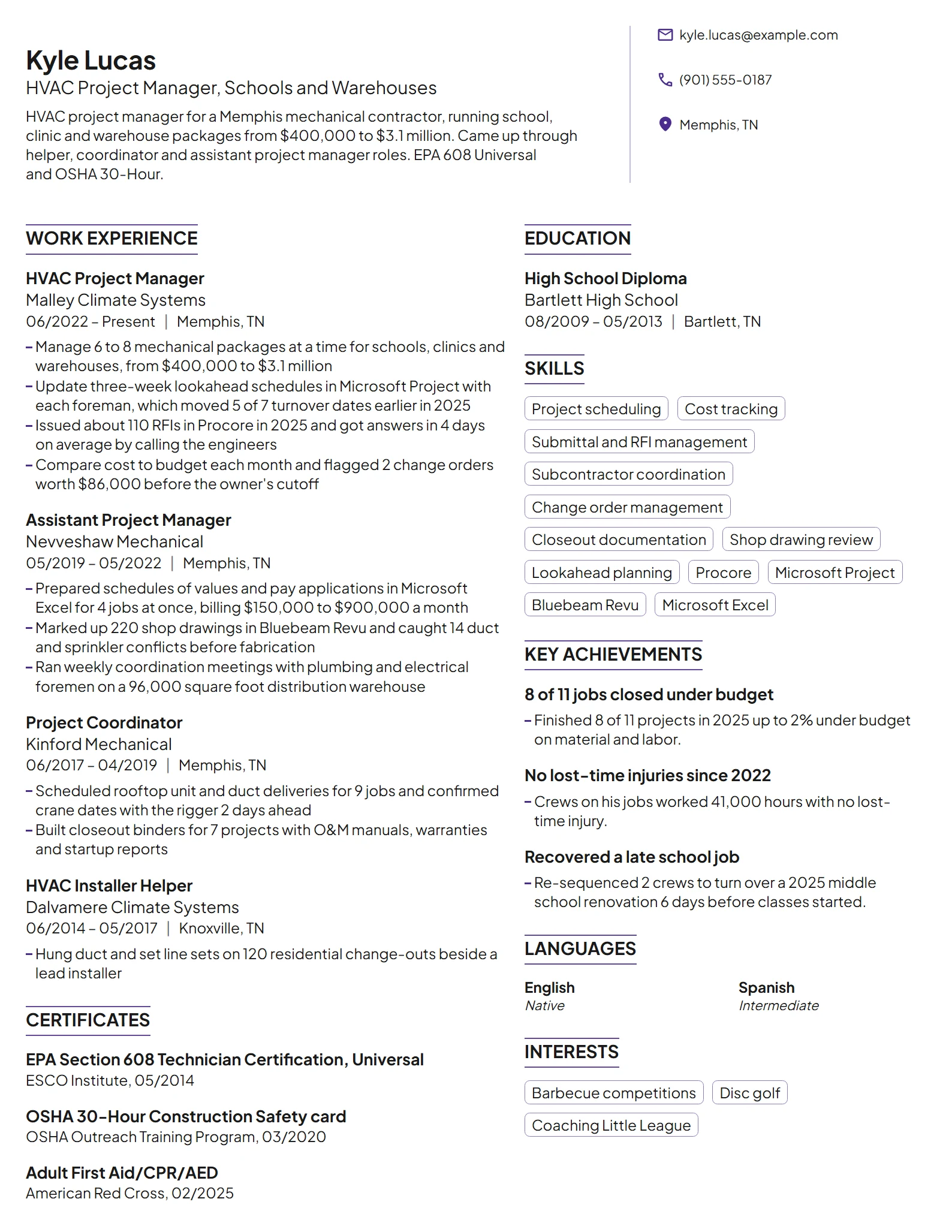 HVAC Project Manager resume example