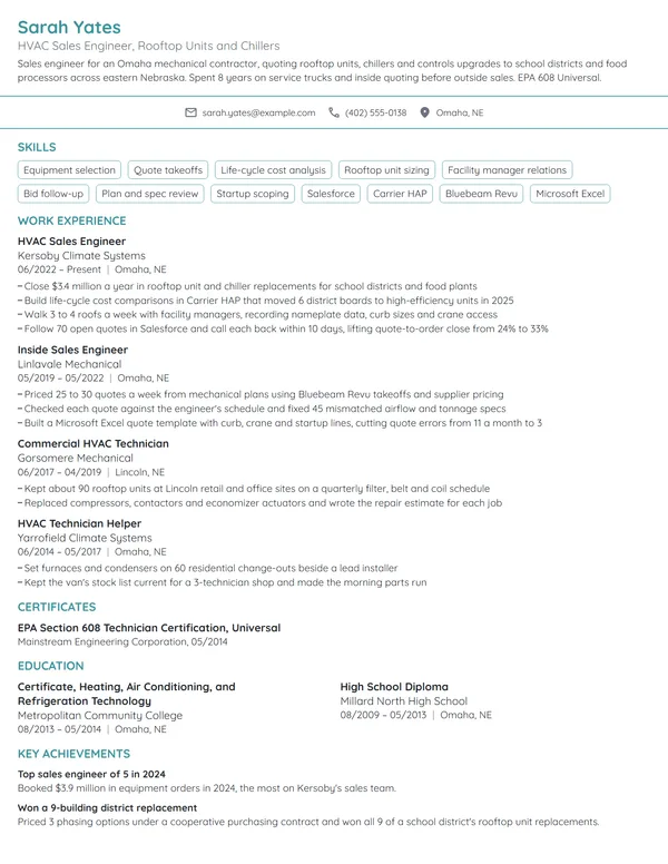 HVAC Sales Engineer resume example
