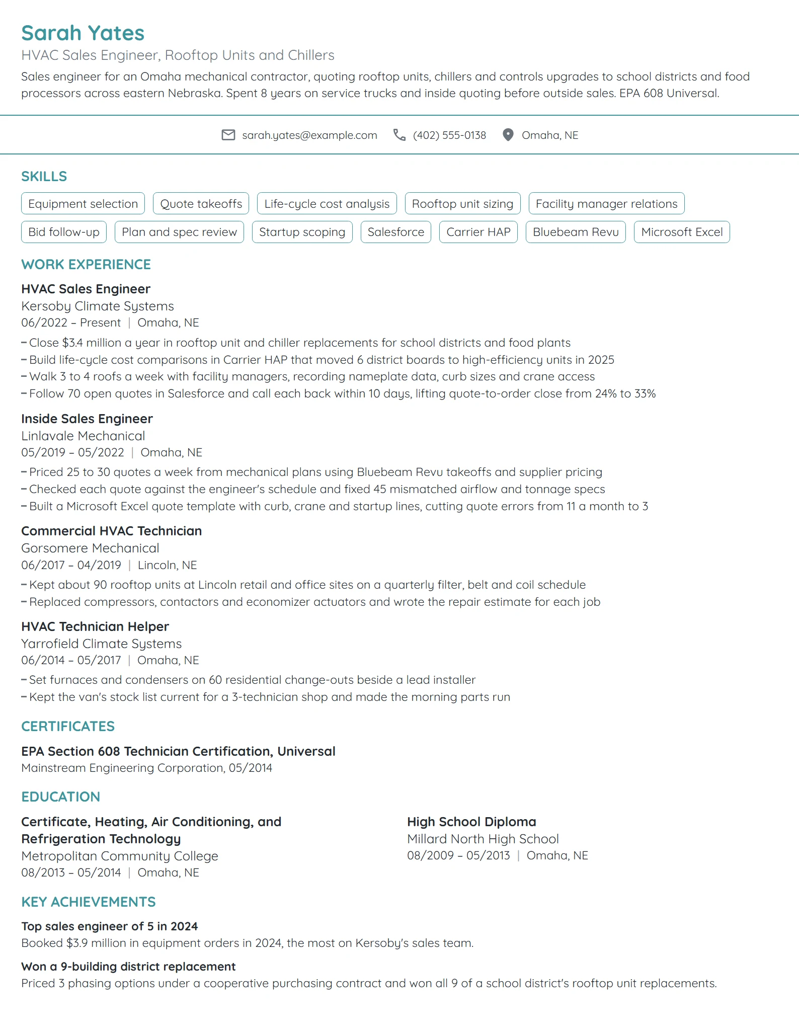 HVAC Sales Engineer resume example