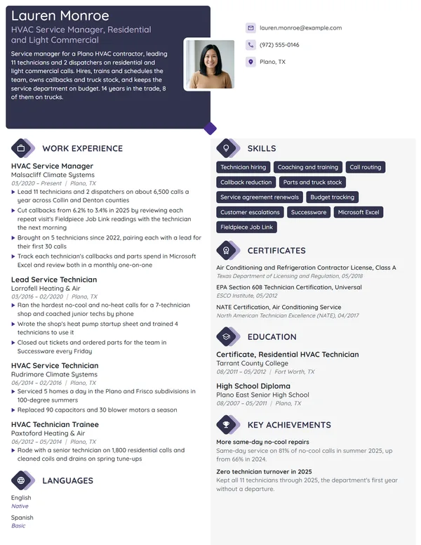HVAC Service Manager resume example