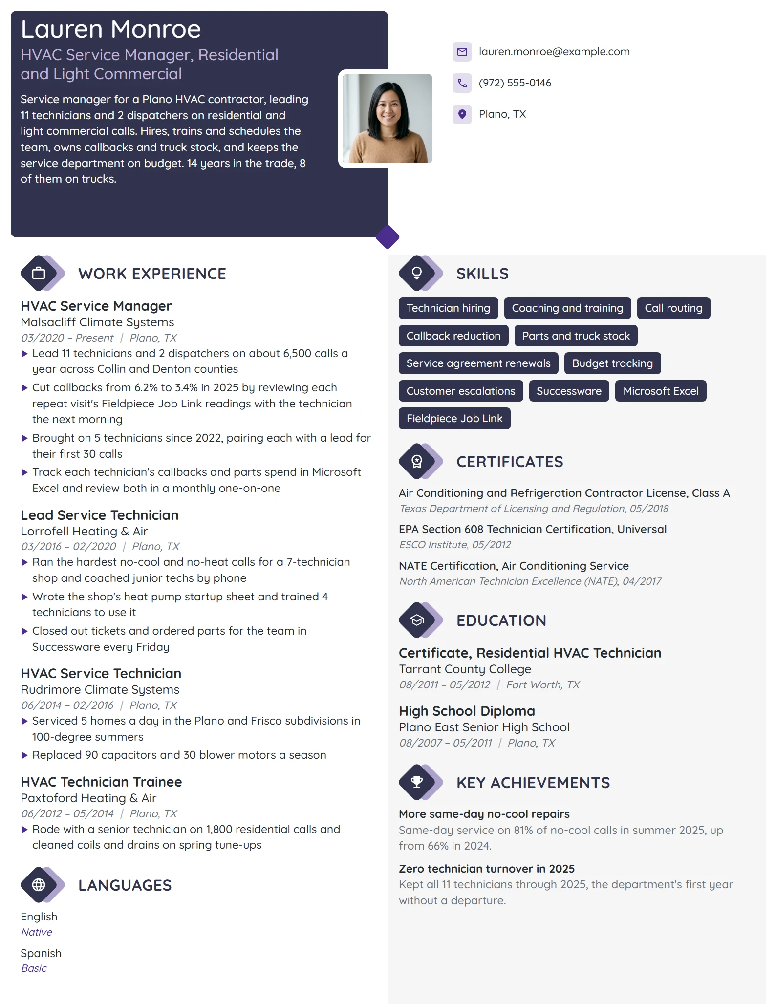 HVAC Service Manager resume example