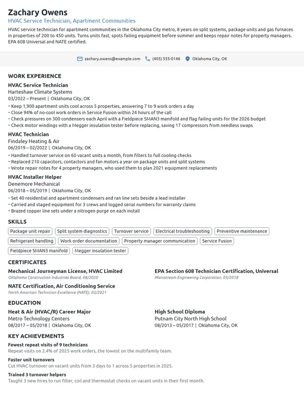 HVAC Service Technician resume example