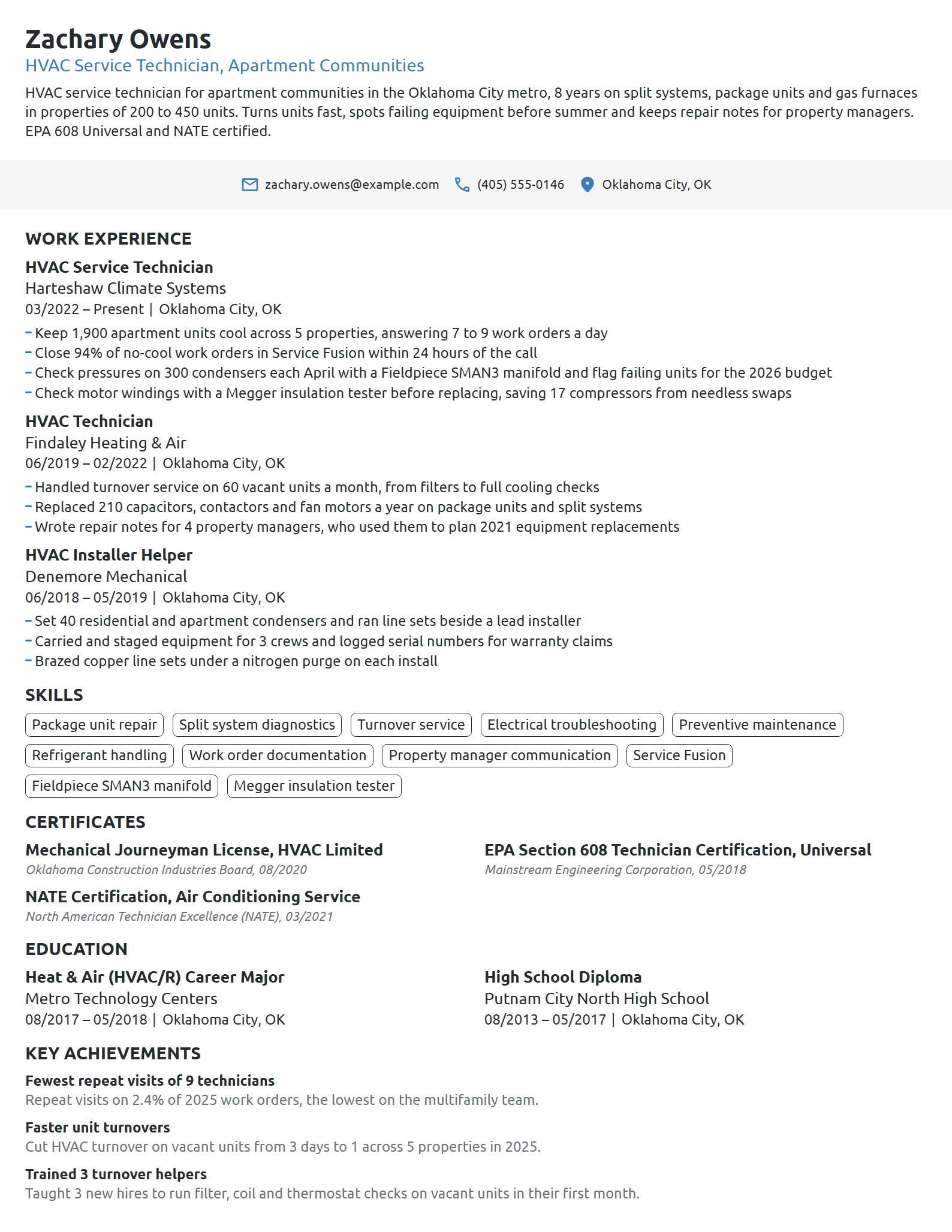 HVAC Service Technician resume example