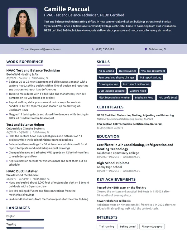 HVAC Test and Balance Technician resume example