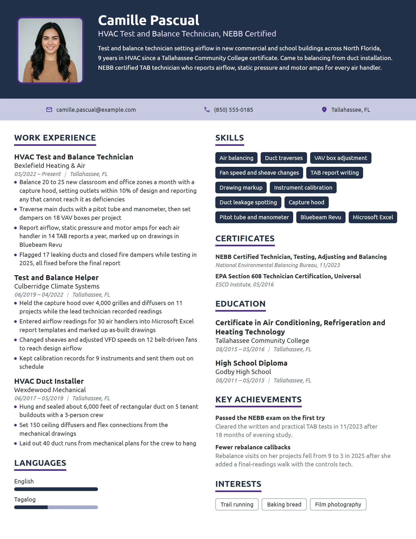 HVAC Test and Balance Technician resume example