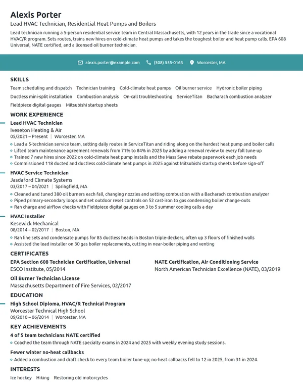 Lead HVAC Technician resume example