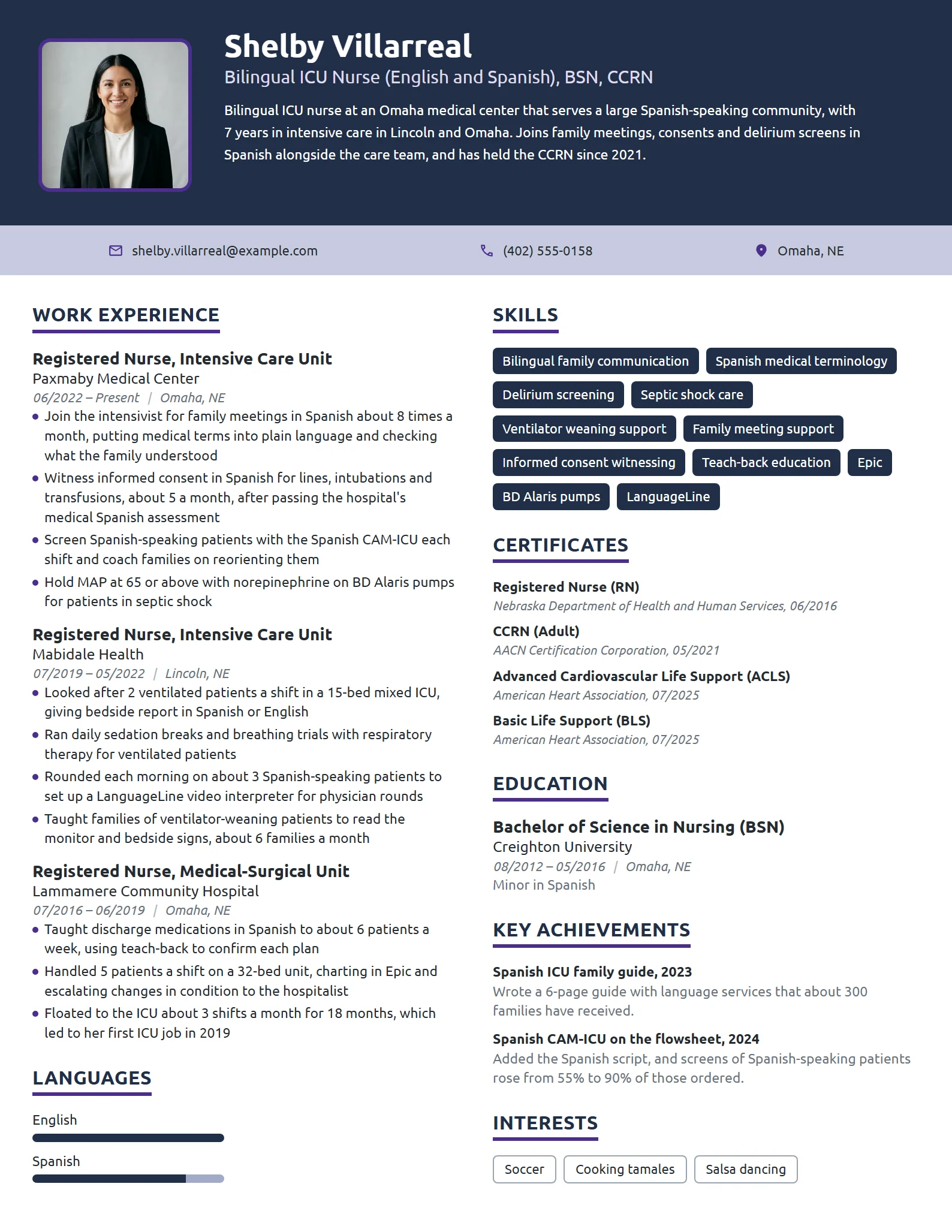 Bilingual ICU Nurse resume example