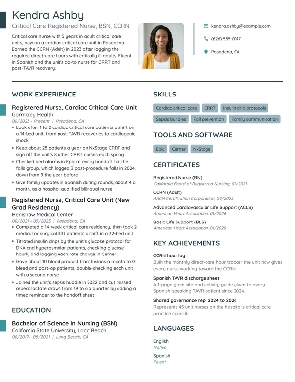 Critical Care Registered Nurse (CCRN) resume example