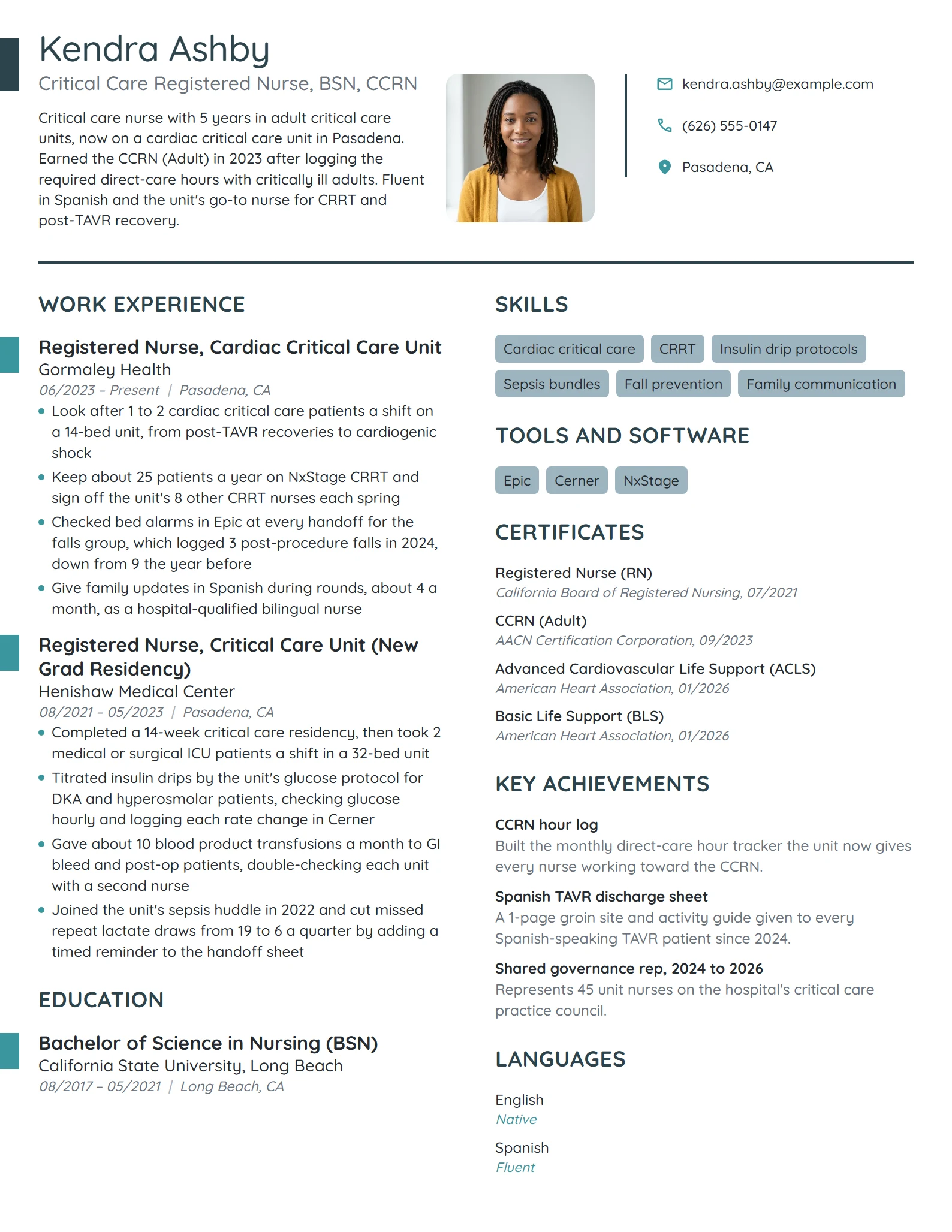Critical Care Registered Nurse (CCRN) resume example