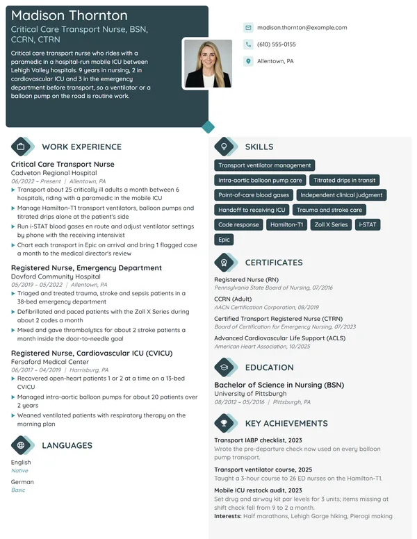 Critical Care Transport Nurse resume example
