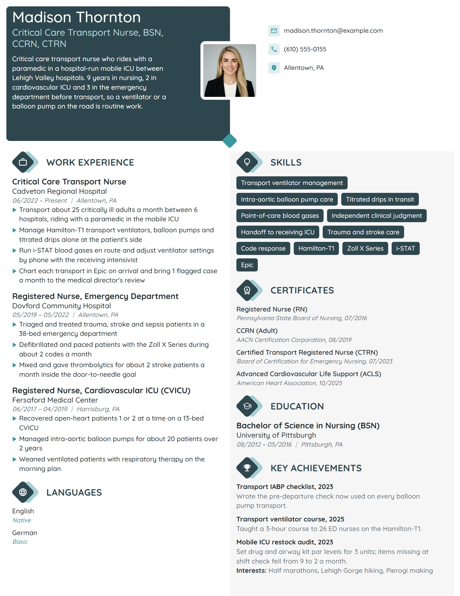 Critical Care Transport Nurse resume example