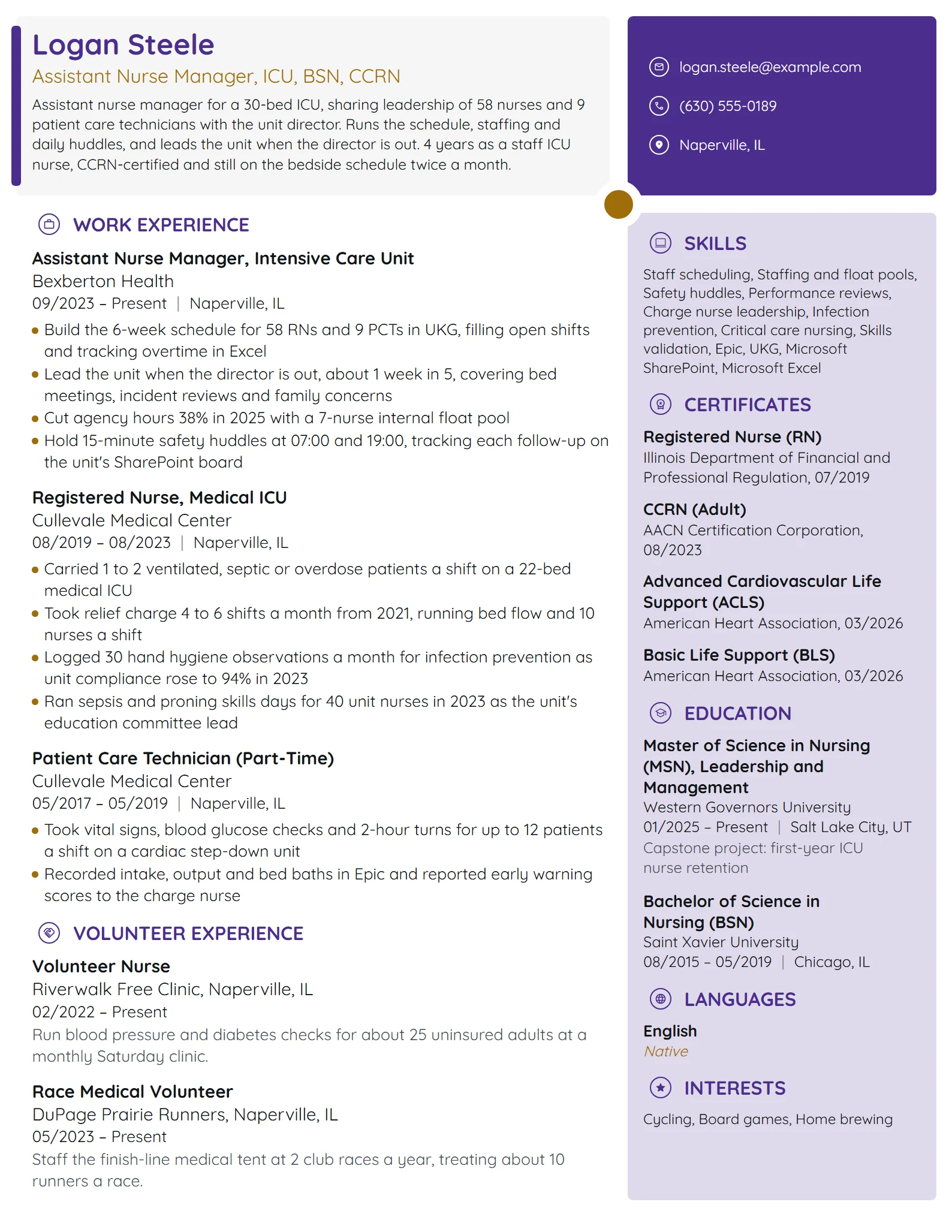 ICU Assistant Nurse Manager resume example