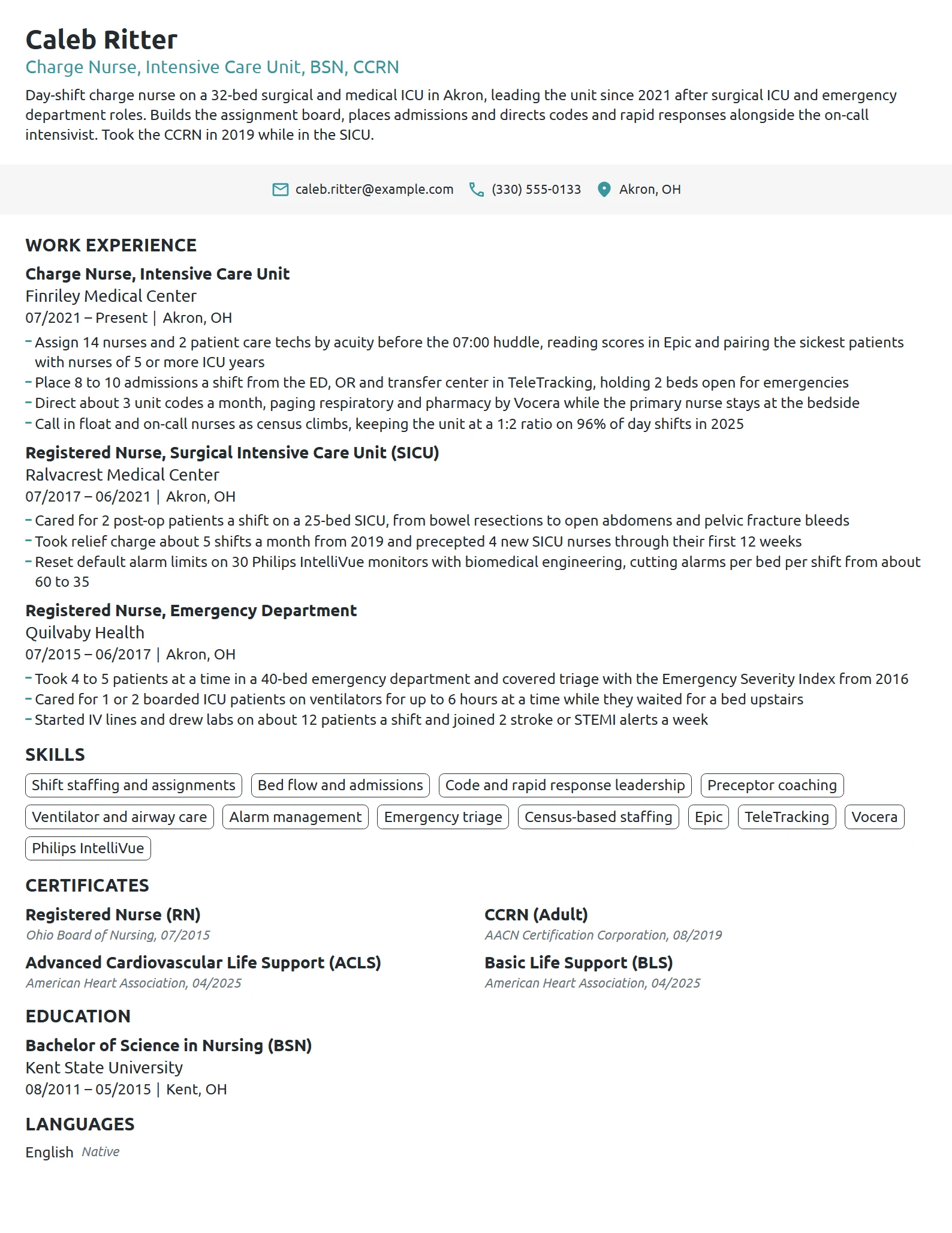 ICU Charge Nurse resume example