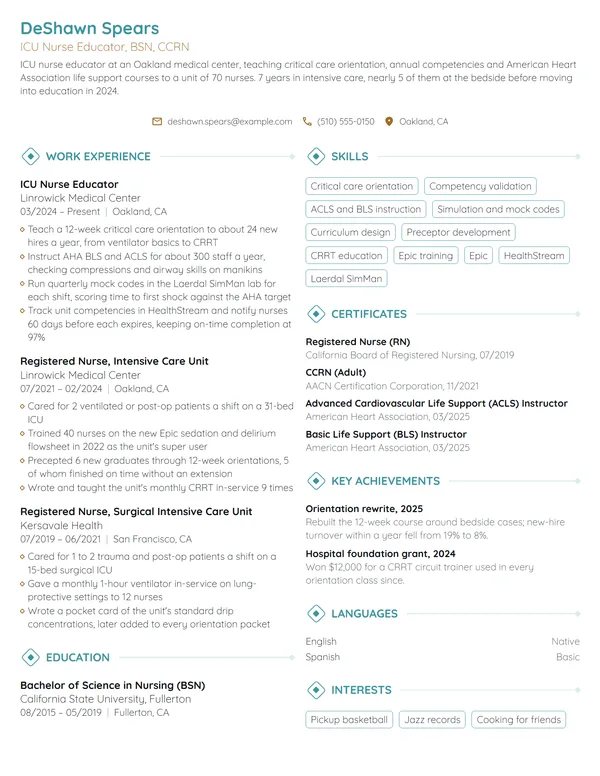 ICU Nurse Educator resume example