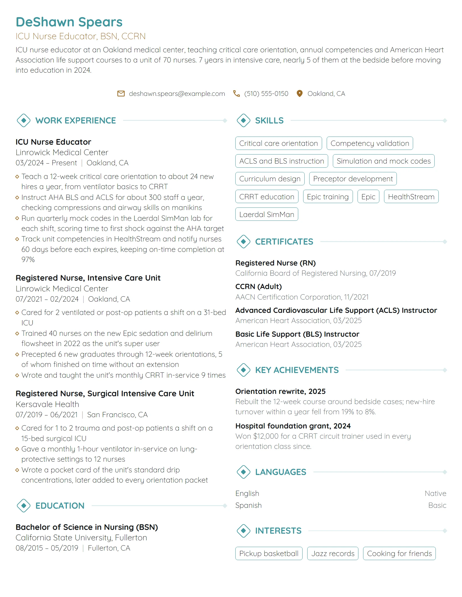 ICU Nurse Educator resume example