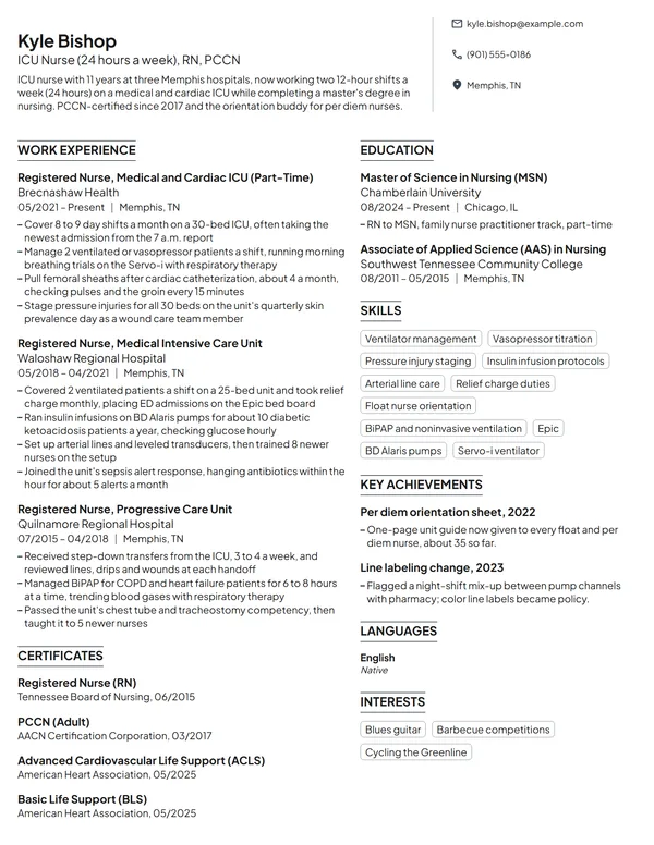 Part-Time ICU Nurse resume example
