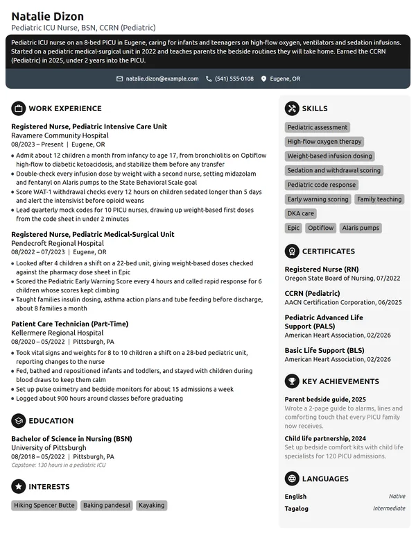Pediatric ICU Nurse resume example