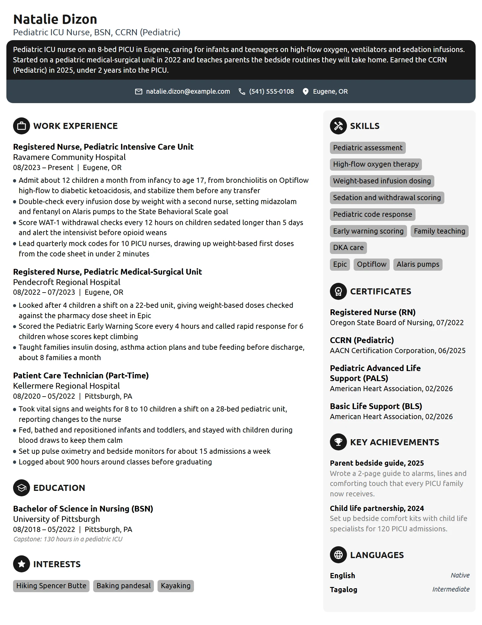 Pediatric ICU Nurse resume example