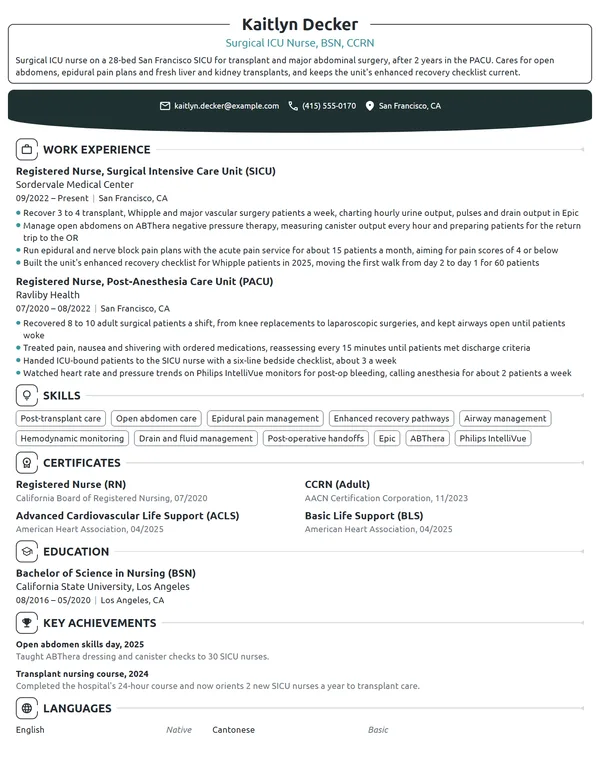 Surgical ICU Nurse resume example