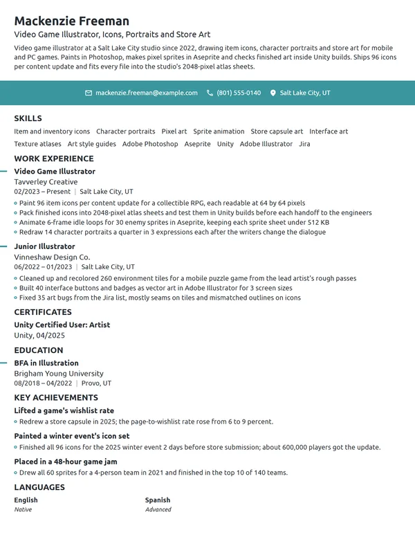 Video Game Illustrator resume example