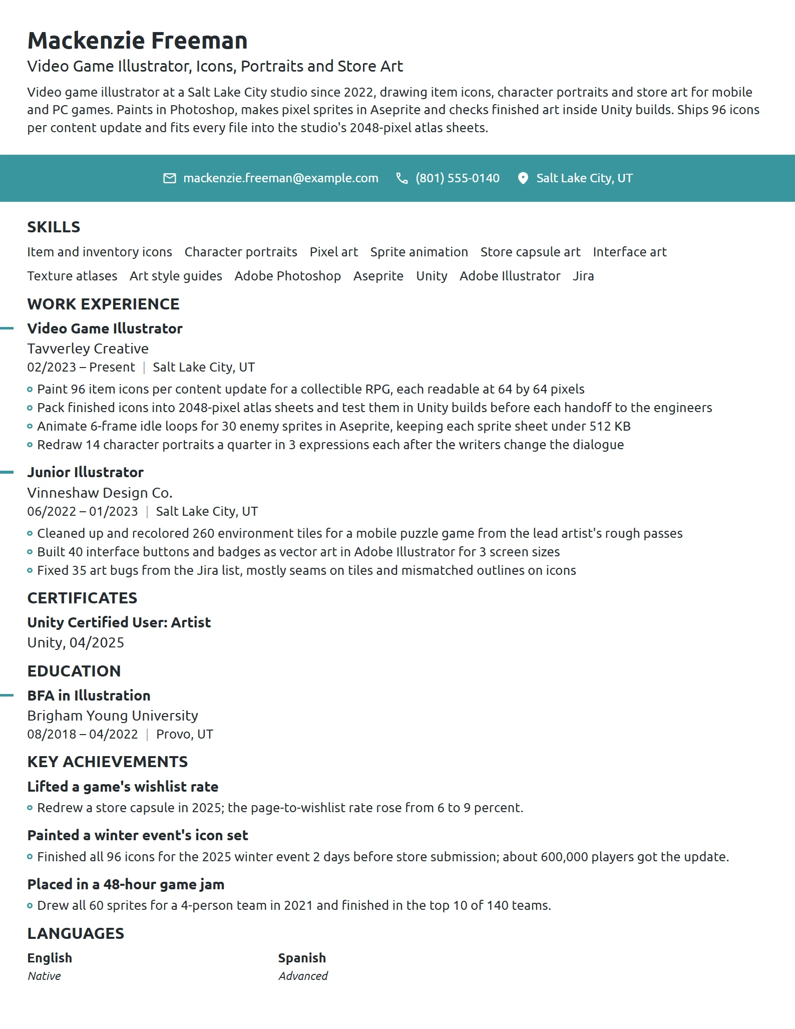 Video Game Illustrator resume example