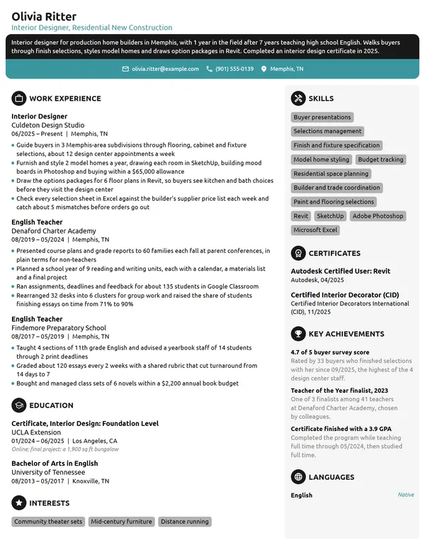 Career Change Interior Designer resume example