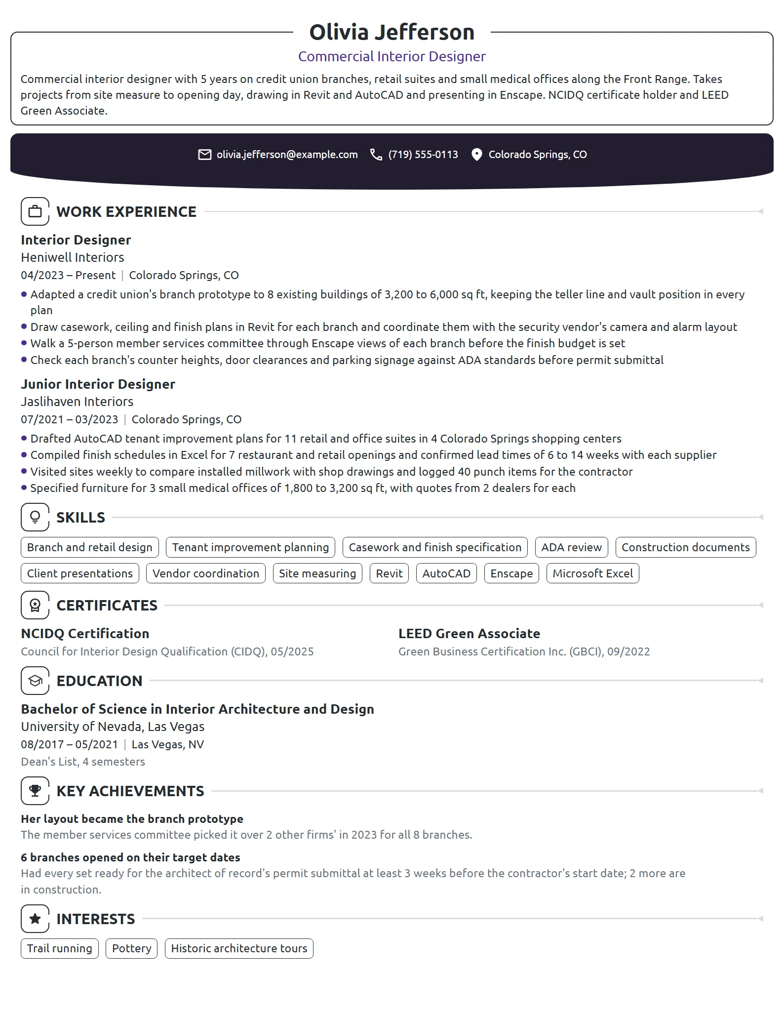 Commercial Interior Designer resume example