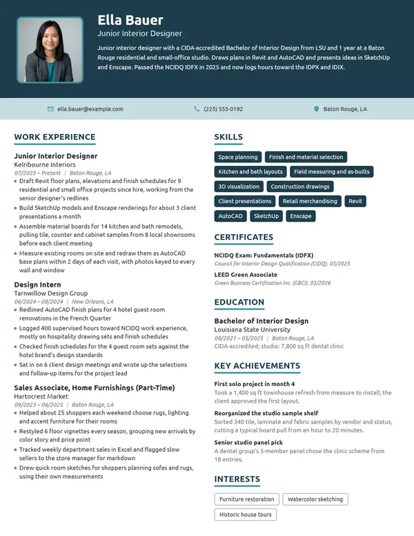 Entry-Level Interior Designer resume example