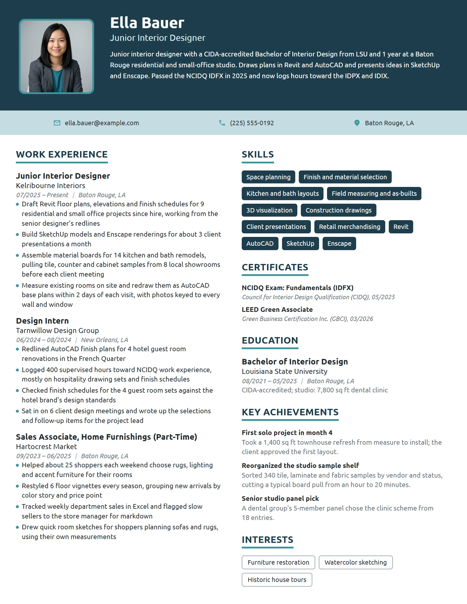 Entry-Level Interior Designer resume example