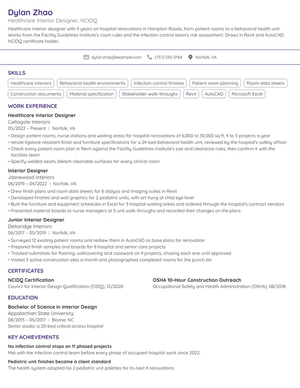 Healthcare Interior Designer resume example