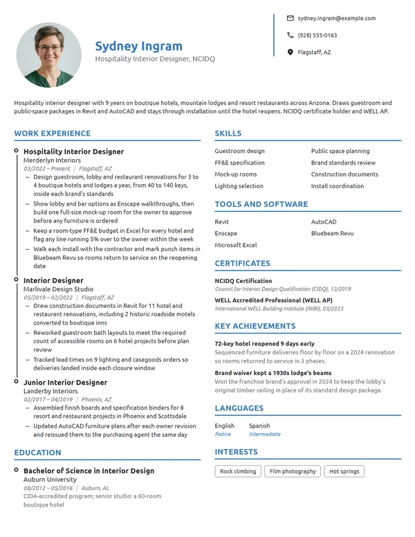Hospitality Interior Designer resume example