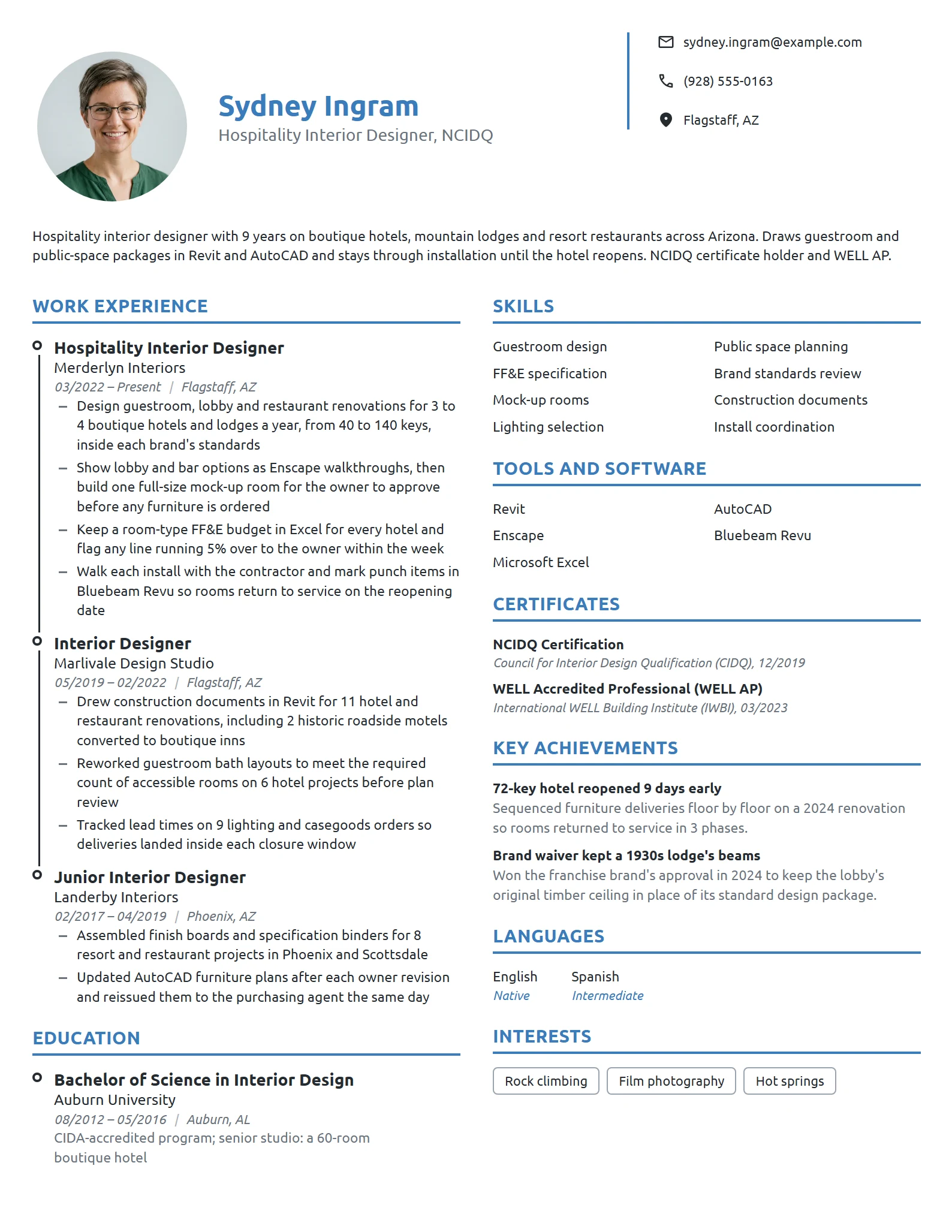 Hospitality Interior Designer resume example