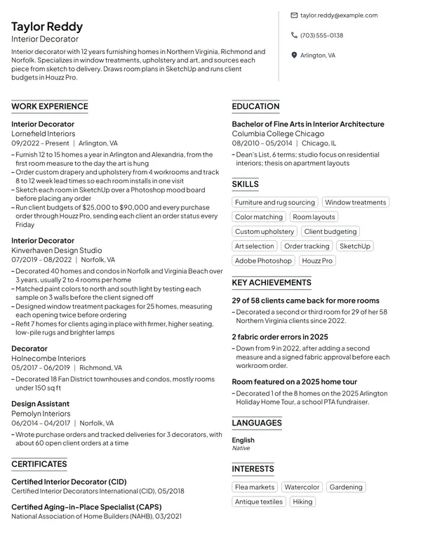 Interior Decorator resume example