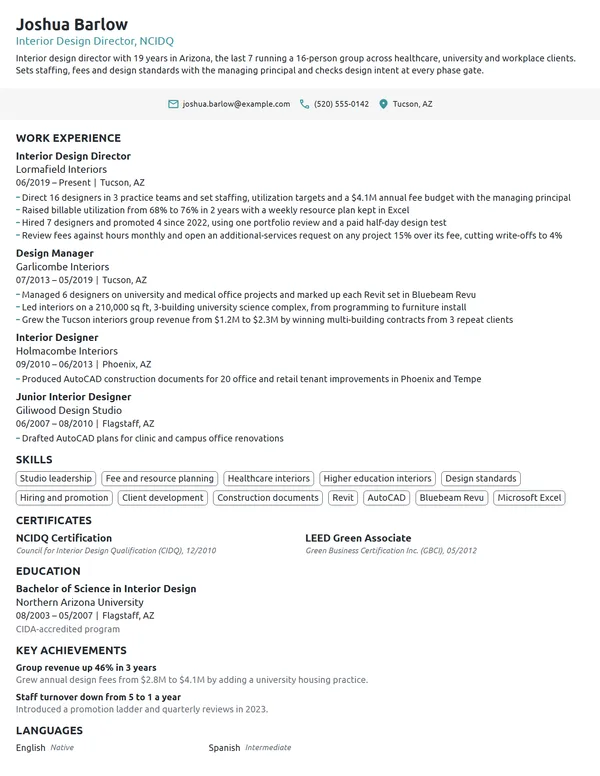 Interior Design Director resume example