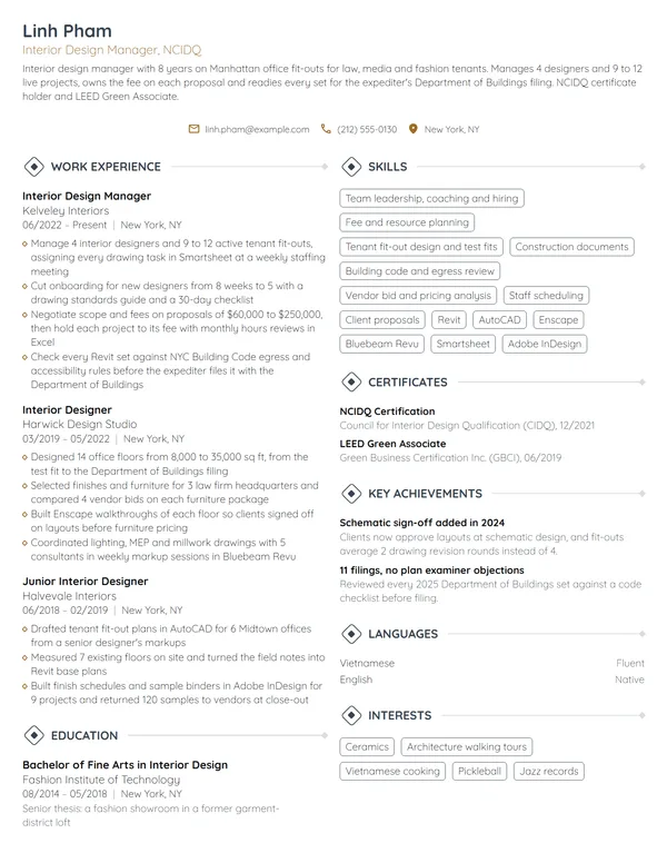 Interior Design Manager resume example