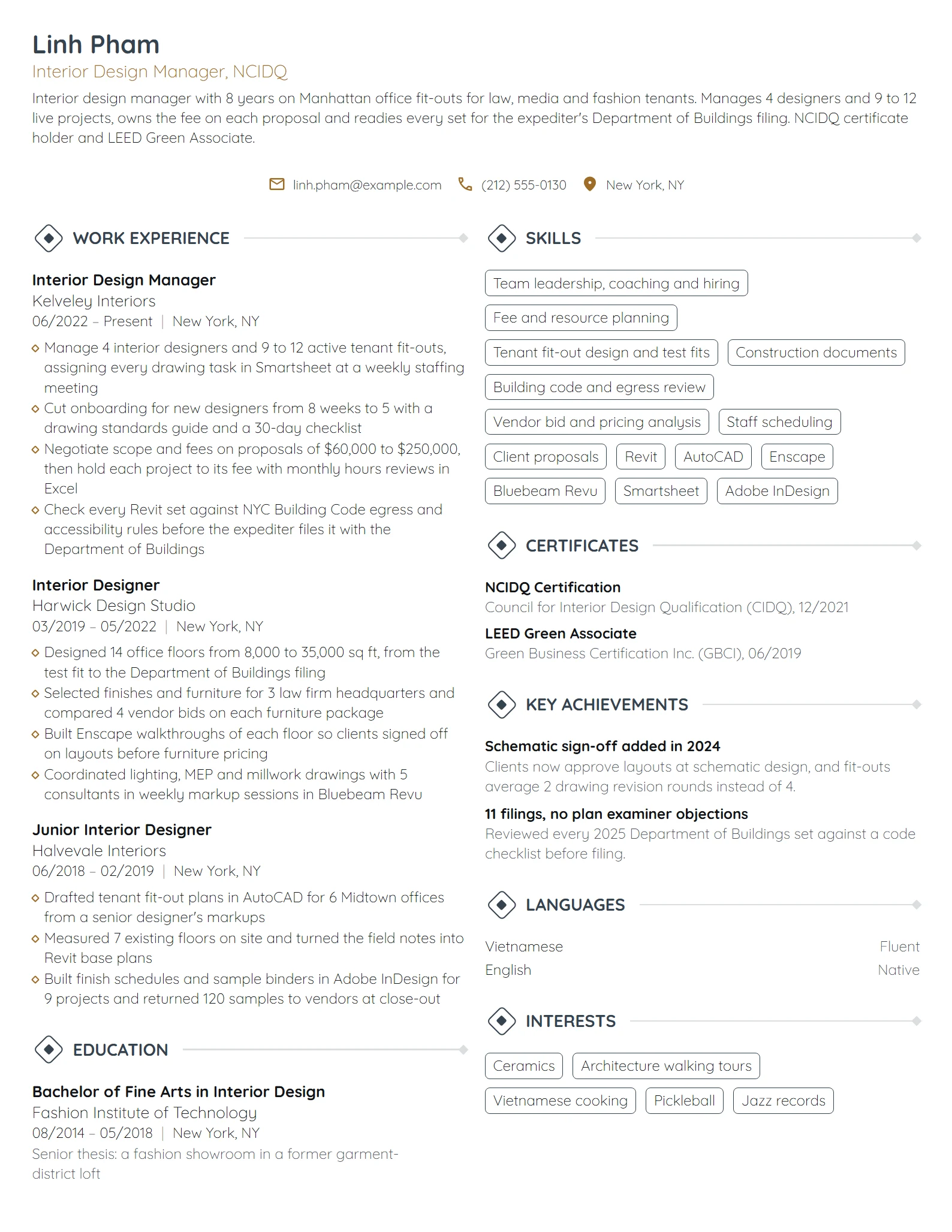 Interior Design Manager resume example