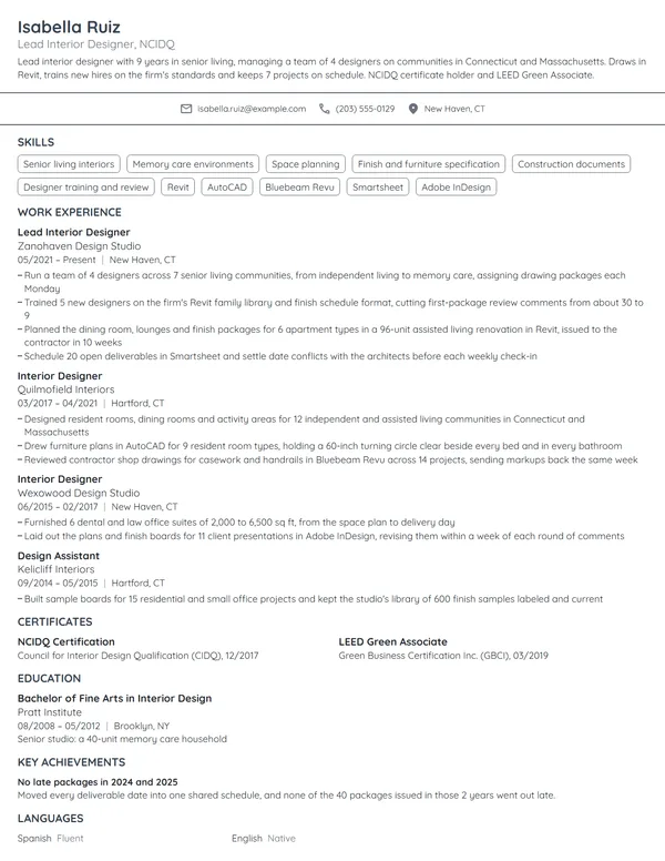 Lead Interior Designer resume example