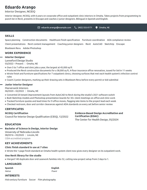 Mid-Level Interior Designer resume example